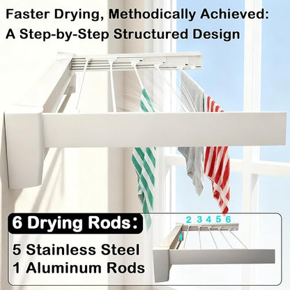Wall Mounted Clothes Drying Rack 27 inches,Foldbale Laundry Drying Rack 6 Rods,Hidden Drying Rack Clothing,Retractable,Collapsible,Screws Needed Folding Laundry Rack (White, Medium)