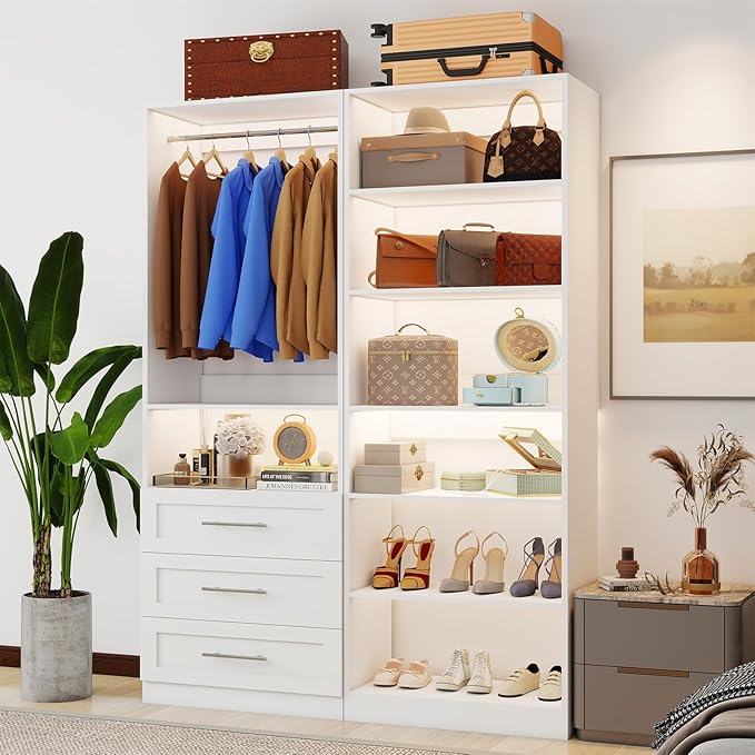 Closet System with 2 Sets, 4FT Closet Organizer Systems with 3 Wooden Drawers 7 Shelves & 3 Hanging Rods, Walk in Closet freestanding Corner Modular Closet Storage System White (4FT)