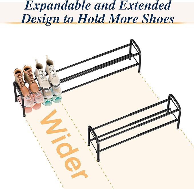 ENJOYBASICS Expandable Shoe Rack, 46.5'' Wide - 12 Pairs Adjustable Shoe Organizer Shelf for Closet, 2-Tier Black Metal Free Standing Shoe Rack Storage for Small Space, Entryway