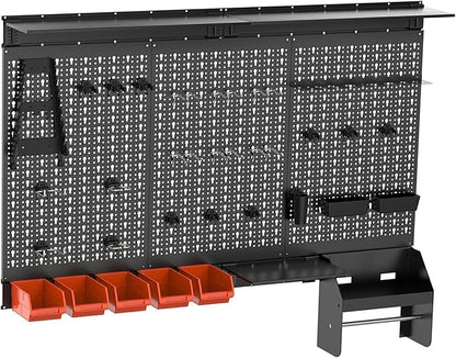 TORACK Metal Pegboard Wall Organizer 4ft Wide, Tool Storage Pegboard System for Garage with Accessories, Wall Mount Storage Bins, Shelves, Peg board Tool Organizer Kit for Workbench(Black)