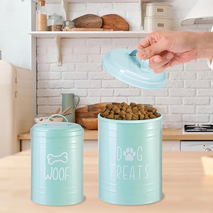 Dog Treat Container Airtight, Dog Treat Jar Set of 2 with Lid - 9x5.5''&7x4'' Metal Dog Cookie Jar for Farmhouse Kitchen Counter, Green Pet Treat Container, Dog Treat Storage Container for Dogs, Cats