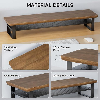 Dual Monitor Stand, 35.4 Inch Monitor Stand Riser for 2 Monitors, 2 Tiers Wood Desk Shelf with Storage, Desktop Organizer Stand for Computer, Laptop, Printer, TV (Black Walnut, 35.4in)