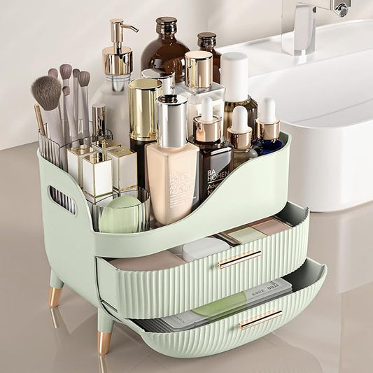 Makeup Organizer with Drawers, Green Skincare Organizer for Vanity, Storage Box with Handle, Large Cosmetic Display Case for Dresser, Bathroom Countertop