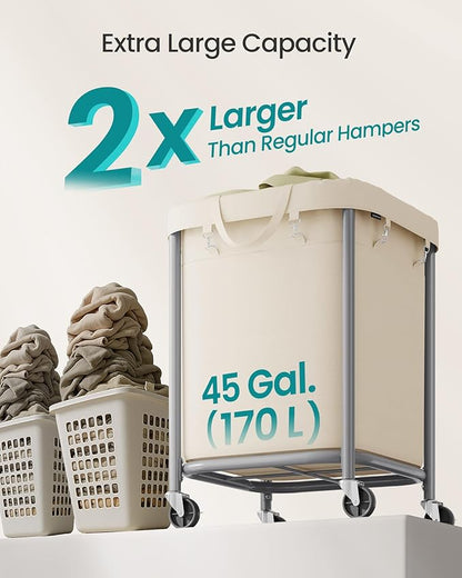 SONGMICS 45-Gallon (170 L) Laundry Basket with Wheels, Rolling Square Heavy-Duty Laundry Hamper Cart with Steel Frame and Removable Bag, 2 Locking Wheels, Cream White and Metallic Silver URLS015WD01