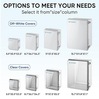 TICONN Outdoor Electrical Box Waterproof, Junction Box IP67 ABS Plastic Enclosure with Hinged Cover with Mounting Plate, Wall Brackets, Cable Glands (Off-White, 8.7"x6.7"x4.3")