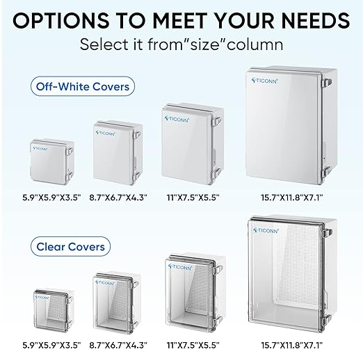 TICONN Outdoor Electrical Box Waterproof, Junction Box IP67 ABS Plastic Enclosure with Hinged Cover with Mounting Plate, Wall Brackets, Cable Glands (Clear, 8.7"x6.7"x4.3")