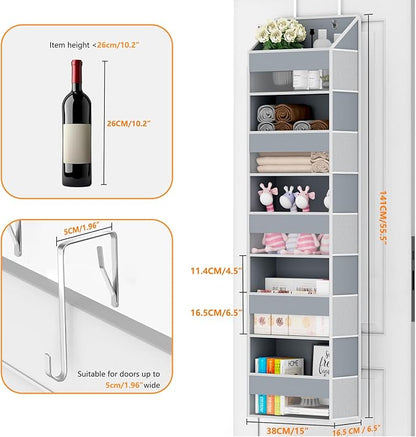 Over The Door Organizer - Over Door Storage Organizer with 5 Large Pockets & 10 Mesh Side Compartments - Heavy-Duty Hanging Storage for Bathroom, Bedroom & Closet - Baby Room Organize - Grey