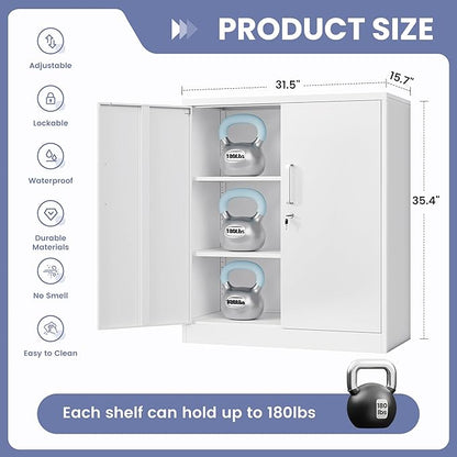 36" H Metal Storage Cabinet, Locked Cabinet with 2 Adjustable Shelves and Doors, Small Metal Tool Cabinet, Garage Storage Cabinet for Home Office, Garage, School, Apartment Warehouse