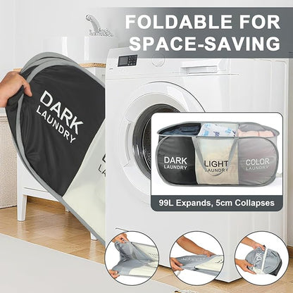 Seefoo 3-Section Foldable Hamper for Laundry, Collapsible Laundry Baskets with Easy Carry Handles, Space-Saving Clothes Pop Up Hamper with Dark/Light/Color Sorting Labels for Home, Travel, Dorm