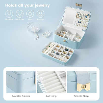 Lolalet 2 Layer Jewelry Box for Teen Girls & Young Women, Jewelry Organizer Case with Bow Clasp and Mirror for Earrings Rings Necklaces Storage, Gift Idea -Blue