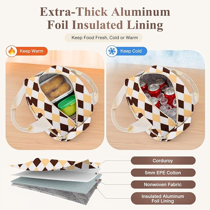 Lunch Box for Women, Cute Corduroy Grid Insulated Lunch Bag Women Reusable Work Leakproof Simple Adults Large Lunch Boxes Tote Bag Men Cooler Bag