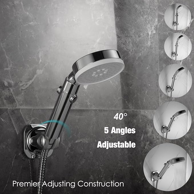 Handheld Shower Head Holder - 5 Angles Adjustable - Concealed Adhesive Mount - Screw Alternative - Bathroom Wall Mounted Shower Wand Holder ( Chrome Finish)