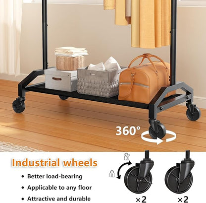 Clothes Rack Clothing Racks for Hanging Clothes Heavy Duty Clothes Rack Hanger Rack 200lbs Capacity Industrial Wheels 1" Pipe,Rolling Garment Rack Portable Clothes Rack Black