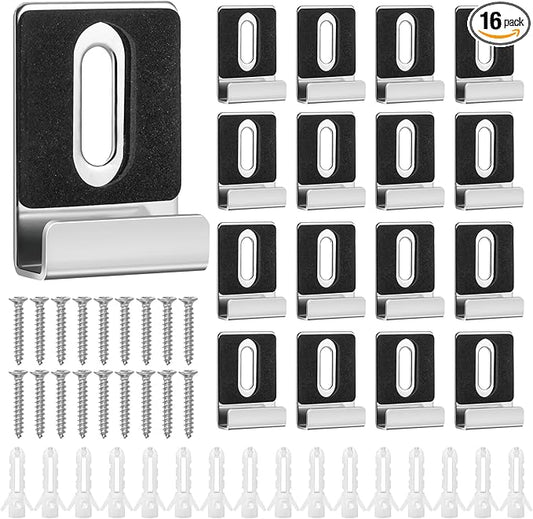 16pcs Metal Mirror Holder Kit, J Type Mirror Hanger Clip Kit with Screws Rubber Pads Mirror Hooks Heavy Duty Mirror Hanger Hardware for Frameless Mounting Wall Tile Billboard Display (Silver)