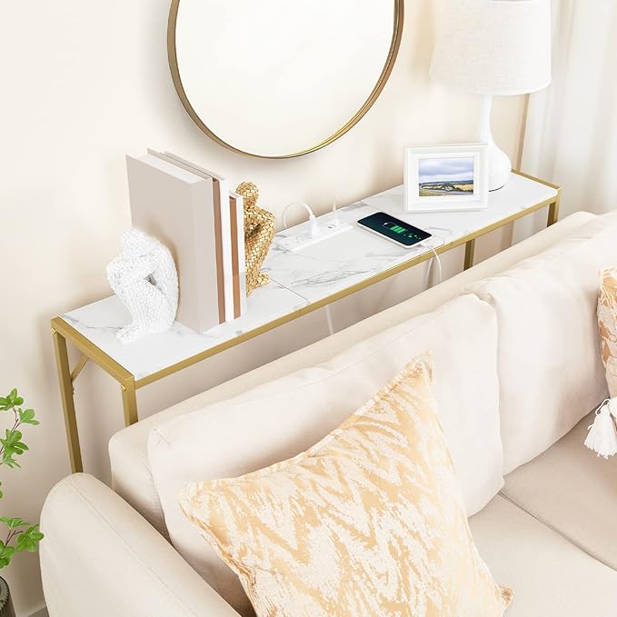 Console Table, Narrow Sofa Table, 43.3” Entrance Table with Power Station, Behind Couch Table, Simple Style, for Living Room, Hallway, Entryway, Foyer, Marble and Gold CTJM112E01