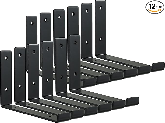 HEART ART Black Shelf Bracket 12 inch, Shelf Bracket 12 Pack,J Metal Heavy Duty Shelf Support Brackets,11.5" L×6" H×1.5" W