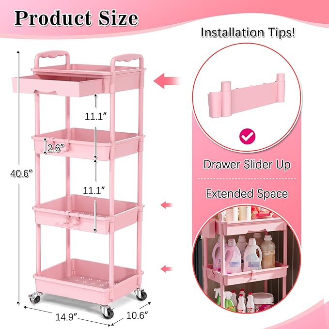 4 Tier Rolling Utility Cart with Drawer, Storage Organizer Cart with 2 Lockable Wheels, Multifunctional Rolling Storage Cart for Bathroom, Kitchen, Craft, Makeup, Baby Essentials, Pink