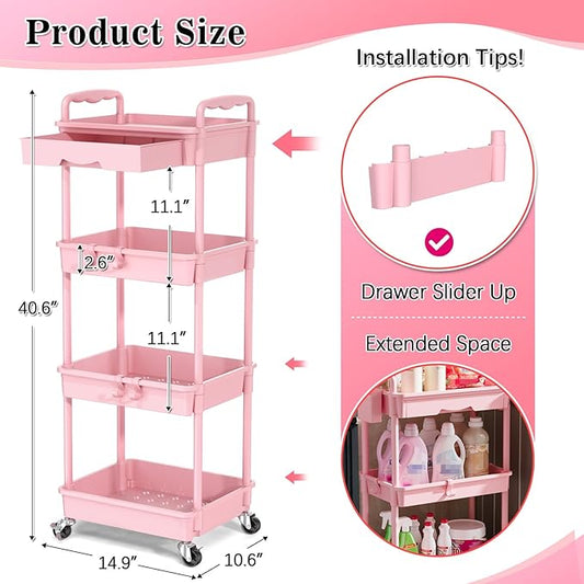 4 Tier Rolling Utility Cart with Drawer, Storage Organizer Cart with 2 Lockable Wheels, Multifunctional Rolling Storage Cart for Bathroom, Kitchen, Craft, Makeup, Baby Essentials, Pink