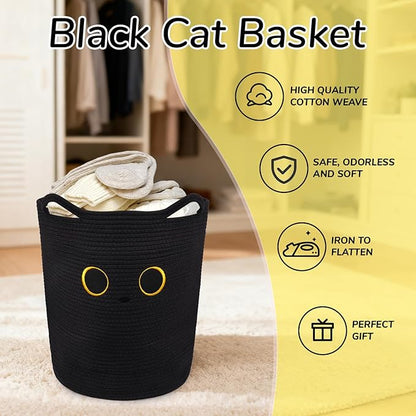 Tall Black Cat Laundry Basket for Nursery, Cute Large Woven Cotton Rope Blanket Storage Basket, Baby 0rganize Blanket Shower Hamper Box with Handles, 53L Clothes Bins, 15"D×18.1"H