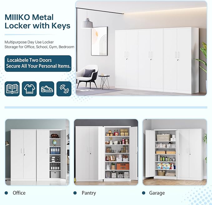 MIIIKO Metal Storage Cabinet with Lock, 71” Steel Storage Cabinet with 2 Doors and 5 Adjustable Shelves, for Office, School.