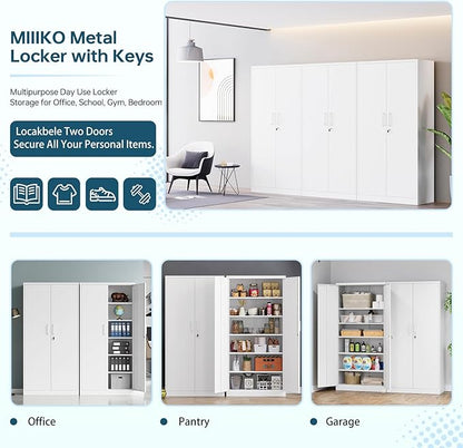 MIIIKO Metal Storage Cabinet with Lock, 71” Steel Storage Cabinet with 2 Doors and 5 Adjustable Shelves, for Office, School.