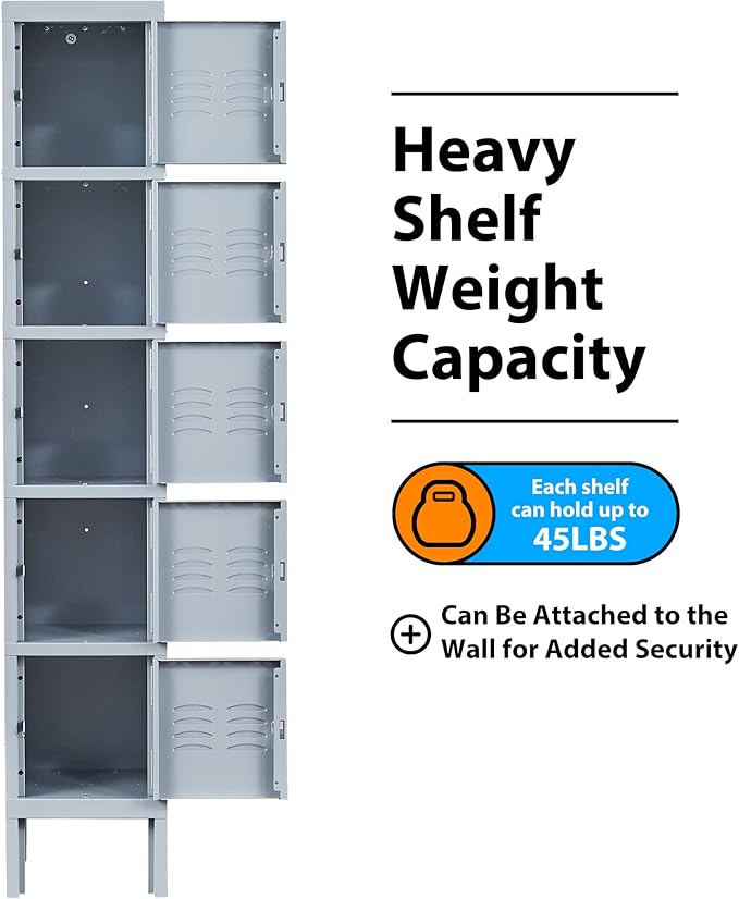Metal Locker with 5 Doors, 5 Tier Steel Storage Lockers for School, Home, Office, Gym (Grey)