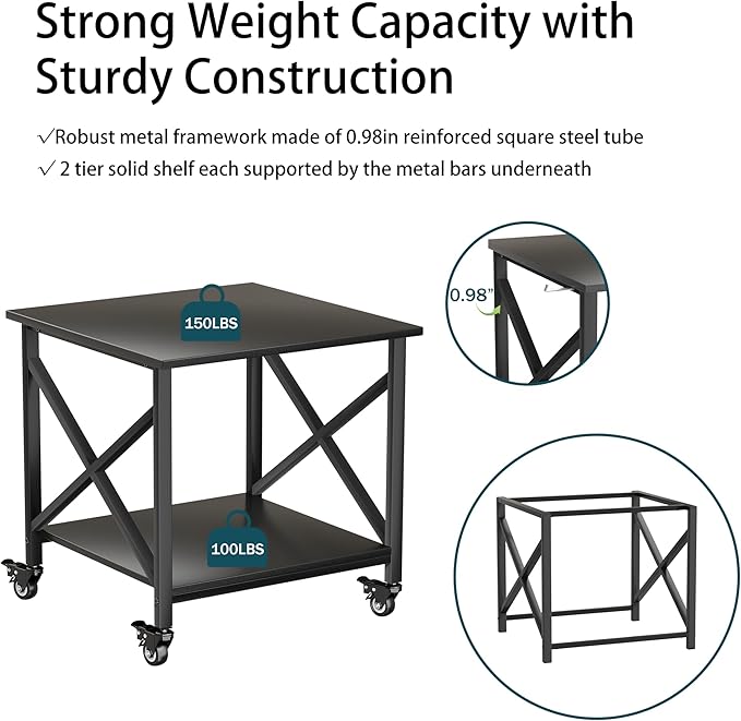 Printer Stand, 23.6 x 23.6 Inches Large Printer Stand with Storage Shelf, 2 Tier Printer Table for Home Office, Rolling Printer Cart with Industrial Wheels, Mini Fridge Stand Table, Black