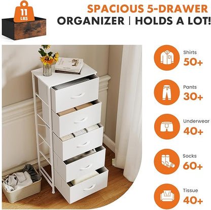 Sweetcrispy 5 Drawer Dresser with Fabric Bins, Sturdy Steel Frame and Wood Top, Storage Organizer Chest for Bedroom, Closet, Hallway, White