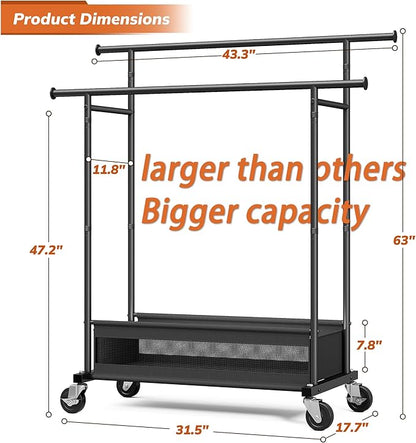 Clothes Rack, Double rods clothing rack, Clothing Racks for hanging clothes, Rolling clothes rack with Storage Basket & Heavy Duty Wheels, garment rack for Bedroom, Laundry Room, Black