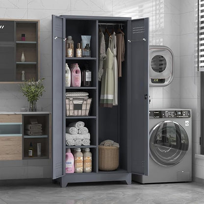72.8" H Metal Garage Storage Cabinets, Metal Storage Cabinet with Hanging Rod & S-Hooks, Broom Closet Storage with Shelves, Functional Storage Cabinets for Garage, Warehouse, Grey