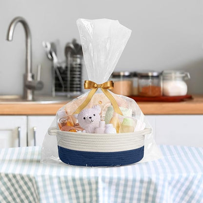 Woven Cotton Rope Gift Basket, Small Baskets for Gifts Empty, Cute Baby Nursery Basket, Pet Toy Storage Bin for Dog Cat, Decorative Wicker Home Organizer with Handles, 12"x 8"x 5", Blue