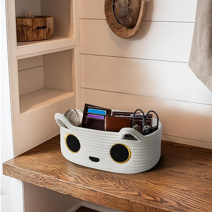 White Cat Toy Basket, Small Woven Cat Toy Storage Box with Cute Ears Handle Indoor, Cotton Rope Storage Bin with Embroidered Face for Home Decor, Pet Bed, Baby Nursery Kids Room Organization