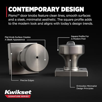 Kwikset Pismo Interior Privacy Door Knob with Lock, Door Handle For Bathroom and Bedroom, Satin Nickel Keyless Turn Lock Doorknob, with Microban Protection