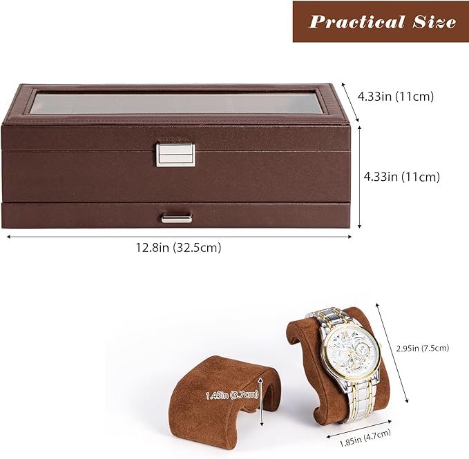 ProCase Watch Box, 6 Slot Watches Display Case with Drawer, Mens Watch Case with Glass Lid, 2-Layer Mens Jewelry Organizer Storage Holder, Birthday Valentine Gifts for Men -6 Slot, Espresso