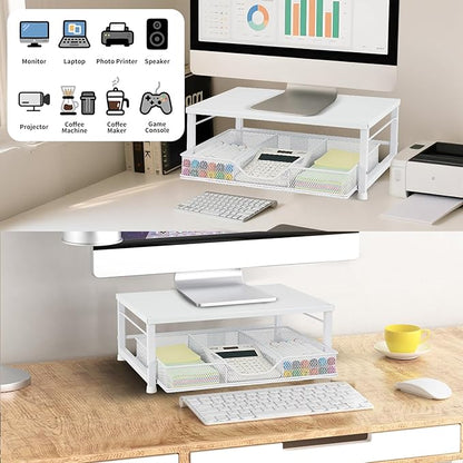Small Laptop Stand for Desk, Monitor Stand Riser, Office Desk Accessories, Computer Desktop Stand with Drawer for Home, Office, School (White)