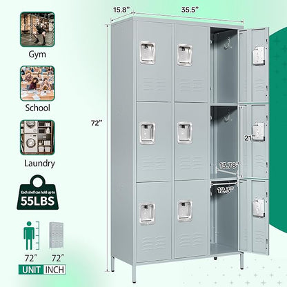 Letaya Metal Lockers for Employees-9 Door Storage Locker with Shelves and Lockable Steel Cabinet for School,Gym,Office,Staff (Gray, 9 Door)