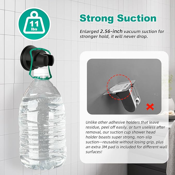 Hibbent Vacuum Suction Cup Shower Head Holder, Removable Showerhead Bracket, Height Adjustable Shower Wand Holder & Wall Mount ABS Plastic Suction Holder for Handheld Shower Head, Matte Black