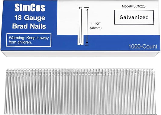 18 Gauge Brad Nails 4 Sizes (2",1-1/2",1-1/4",3/4") Galvanized 18 GA Nail Gun Nails Assorted and Small Finishing Nails for Pneumatic, Electric Brad Nailer (1-1/2" - 1000 PCS)