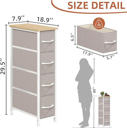 Somdot Narrow Dresser with 4 Drawers, Slim Storage Organizer Chest of Drawers with Removable Fabric Drawers for Small Spaces Bathroom Closet Bedroom Laundry, Ash Grey