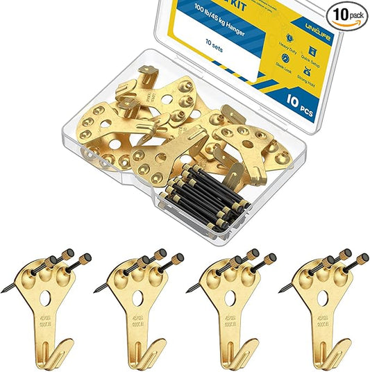 Uniclife 10 Pcs 100 lb Heavy Duty Picture Hangers for Drywall & Wood, Picture Hanging Hooks with Nails, Picture Hanging Hardware, Frame Hooks Picture Hooks for Hanging Photos Mirrors Paintings