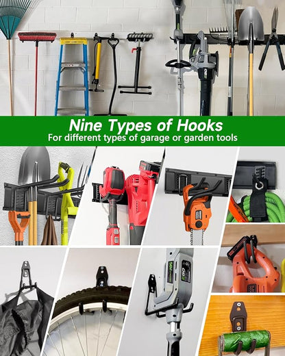 Garden Tool Organizer 48 in with 18 Garage Hooks, Heavy Duty Garage Wall Hooks for Hanging Ladder, Bike, Tool Storage Rack for Yard Tools, Shovel, Shed (23 Pack)