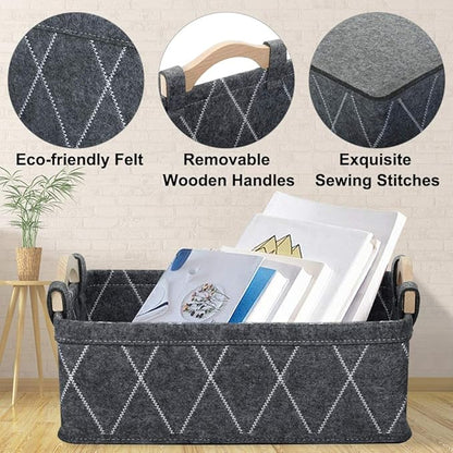 Small Storage Baskets Foldable Rectangle Containers Empty Gift Basket for DVD CD Record Cord Books Video Electronics Items Remote TV Cabinet Organizer with Wooden Handles