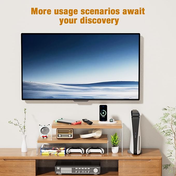 Adjustable Monitor Stand Riser with Acrylic Legs丨15.74" Length Dual Monitor Stand for Desk丨2-Tier Wood Desktop Organizer for Computer, Laptop, Printer & PC丨Modern Aesthetic Desk Shelf(wood-wavy)