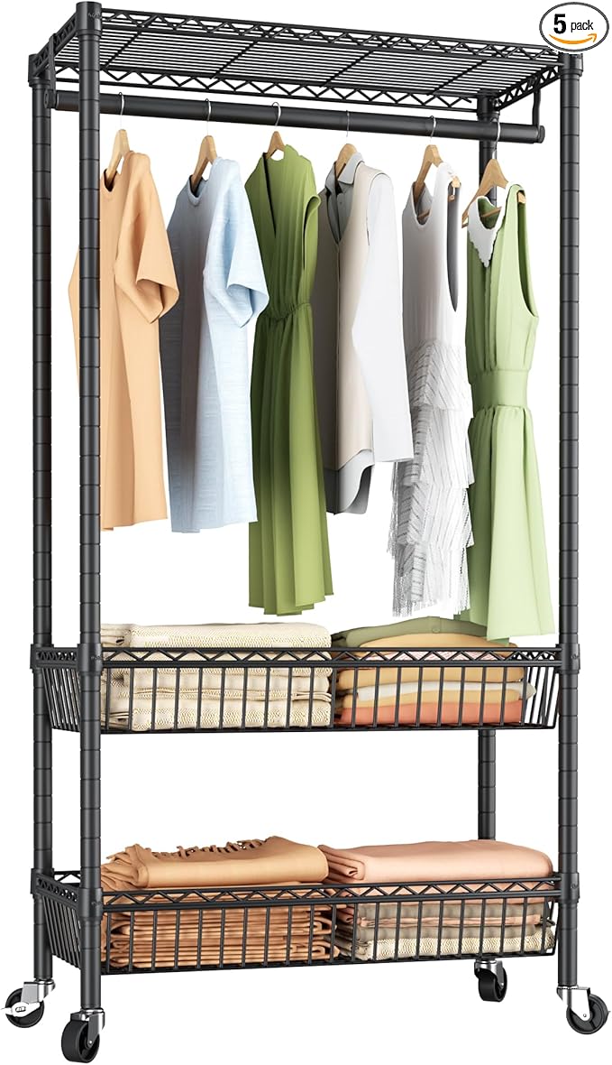 Heavy Duty Clothes Rack Rolling Garment Rack,3 Tier Adjustable Wire Shelving Clothing Racks for Hanging Clothes with Double Rods&Side Hooks,Freestanding Wardrobe Storage Rack Metal Portable Closet