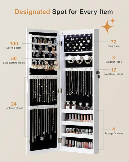 Nicetree 6 LEDs Mirror Jewelry Cabinet, Large Capacity Lockable Jewelry Armoire Organizer, Door or Wall Mounted Mirror with Jewelry Storage, Christmas Gifts, White