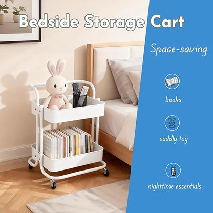2 Tier Cart with Wheels Under Desk Storage with Handle, Metal Rolling Pantry Cart for Kitchen White Small Rolling Basket for Laundry Room Bathroom, Utility Shelf Organizer for Small Space
