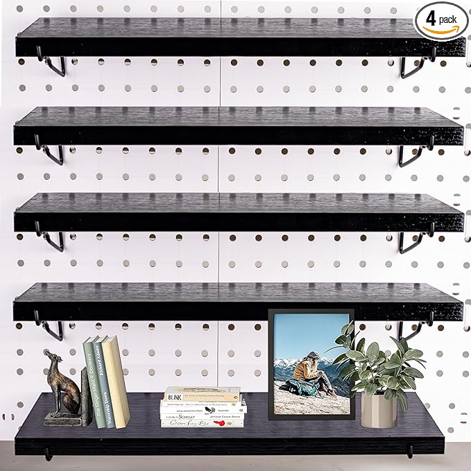Black Pegboard Shelf, 4 Pack Wooden Pegboard Shelves with Metal Brackets Hooks, Heavy Duty Peg Board Organizer Shelves, Pegboard Accessories Organizer for Crafts Room, Garage, Workbench, Office