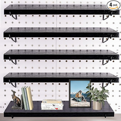 Black Pegboard Shelf, 4 Pack Wooden Pegboard Shelves with Metal Brackets Hooks, Heavy Duty Peg Board Organizer Shelves, Pegboard Accessories Organizer for Crafts Room, Garage, Workbench, Office