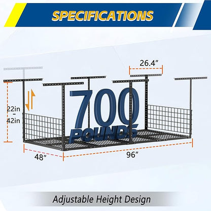 GIOTORENT Garage Ceiling Storage Racks, 96" W x 48" D x 22-42" H Overhead Garage Storage Rack, Heavy-Duty Carbon-Steel 700lbs Rating, Adjustable Mounted Rack System with Side Guards