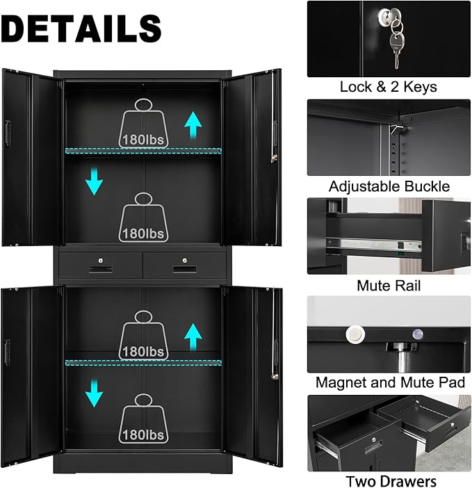 CMY Metal Storage Cabinet, 71" H x 32" W x 16" D Locking Storage Cabinet with Adjustable Shelves and 2 Drawers, Steel Cabinets for Office, Garage, Home, School, Utility Room(Black)